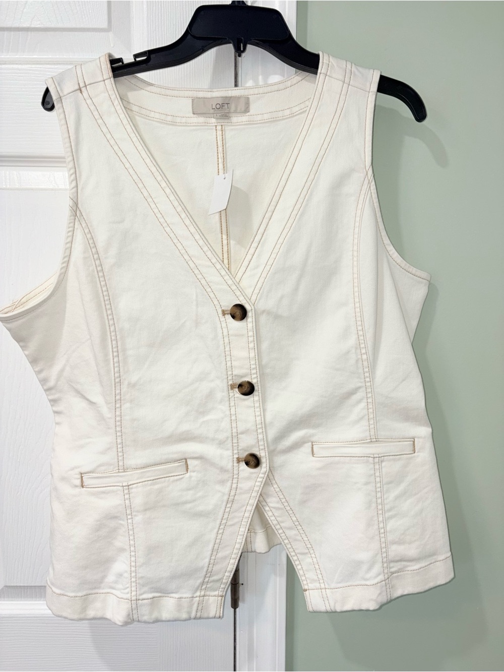 LOFT Cream Denim Button-Front Sleeveless Vest